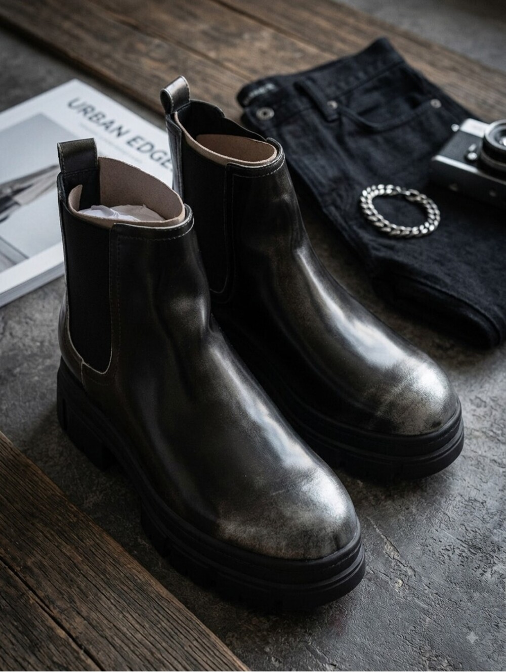 Nine West Metallic Gunmetal Lug-Sole Chelsea Booties
